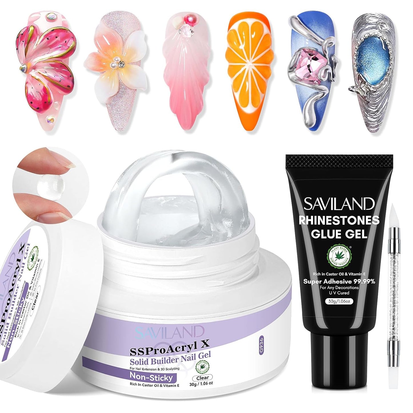 Builder Nail Gel Kit - 4 Colors (Clear, Nude, White, Pink) for Nail Extensions & 3D Sculpting - Long-Lasting Non-Sticky Hard Gel with Chrome Powder