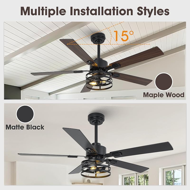 52 Inch Farmhouse Ceiling Fan with Light - Maple/Black, 6-Speed DC, Remote