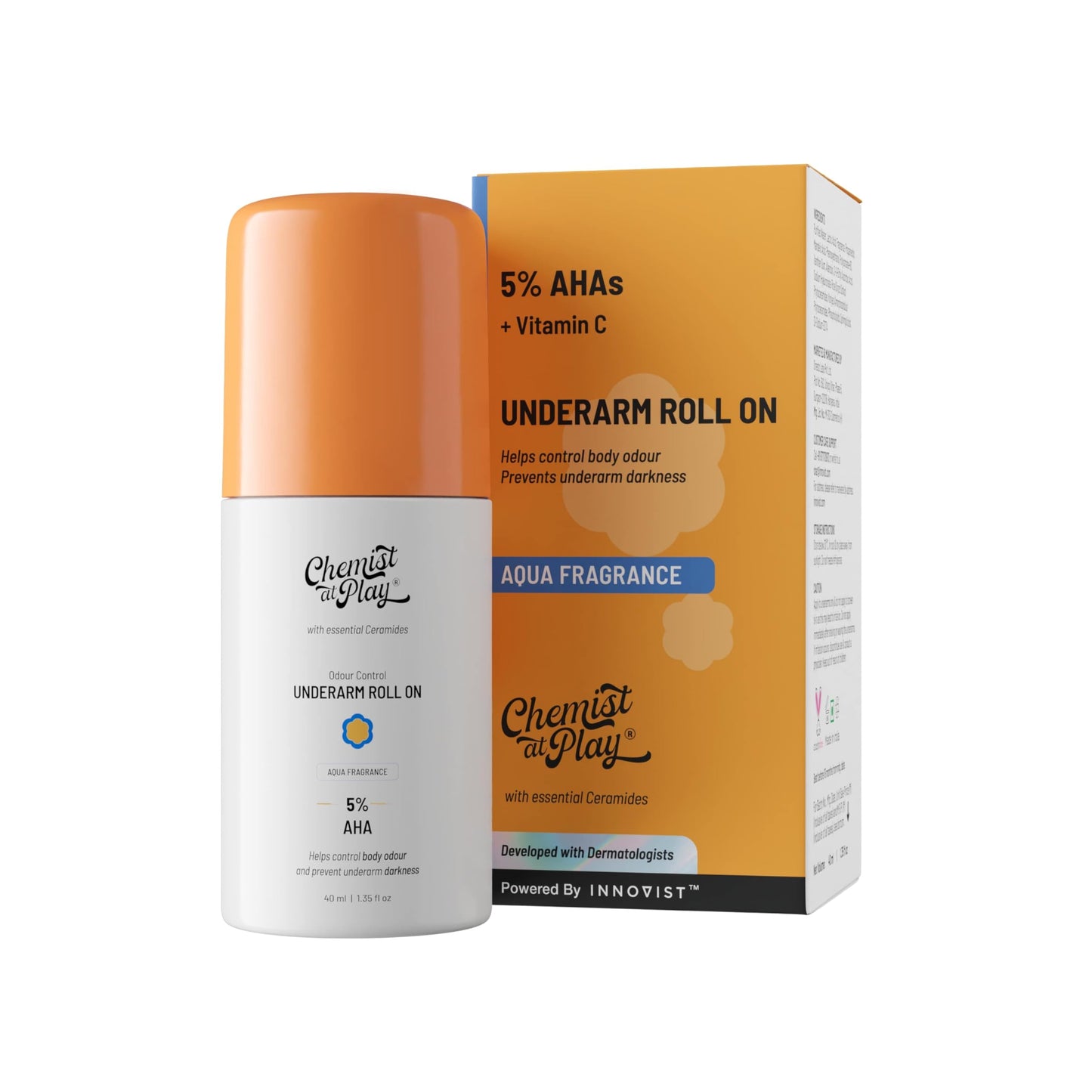 Chemist At Play UnderArm Roll-On with 5% Lactic Acid 1% Mandelic Acid | Prevents Odour Brightens Skin & Exfoliates Underarm | Long Lasting Aqua Fragrance | Alcohol & Aluminium Free (1.3 Ounce)