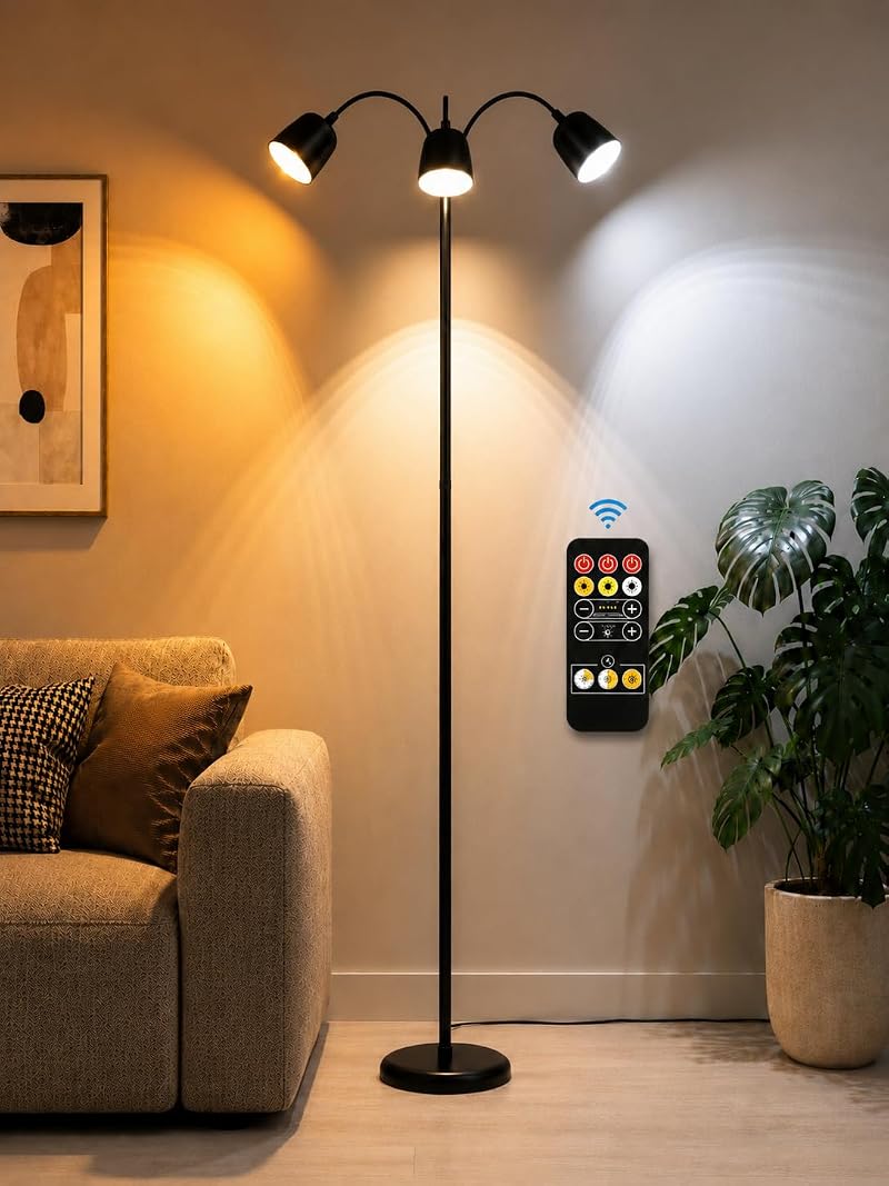 Ultra-Warm 1700K 3-Head Floor Lamp with Remote, 80.7” Tall, Stepless Dimming & Memory