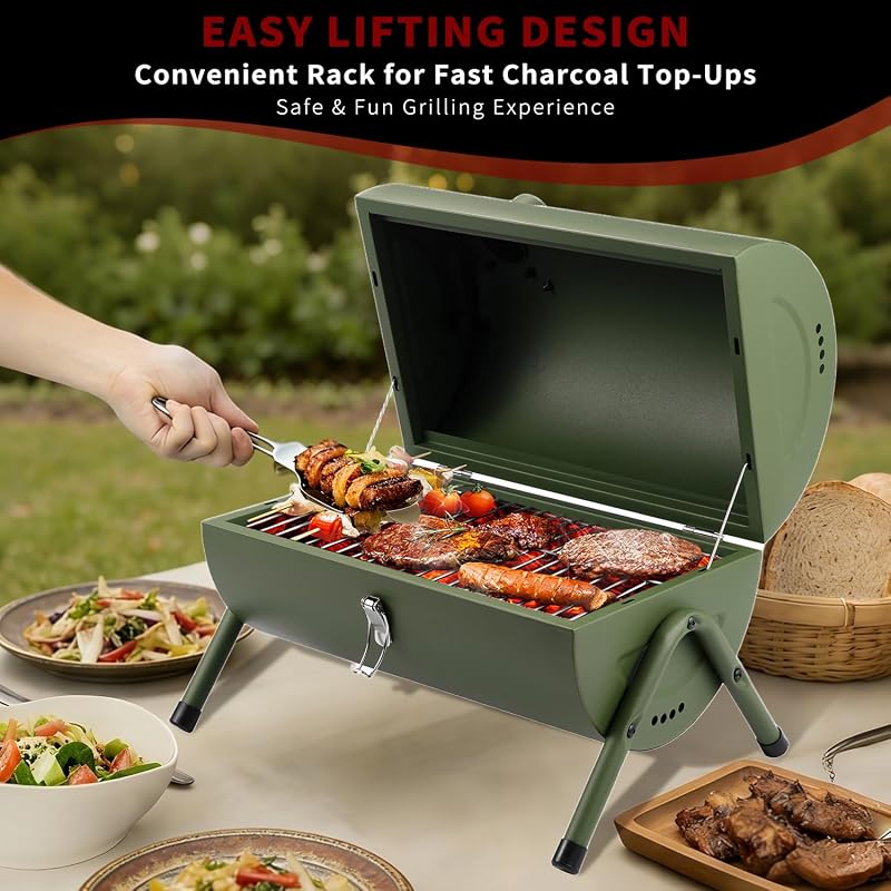 Portable Charcoal Grill for Outdoor BBQ - Green DNKMOR, Tabletop Smoker