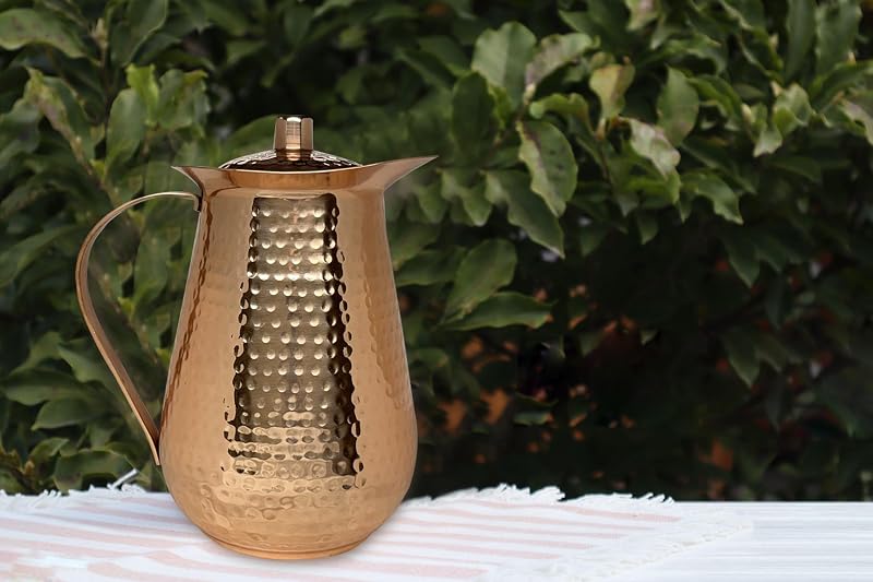 70 Ounces Bold & Divine Pure Copper Pitcher with Lid – Hammered Jug for Water & Beverages