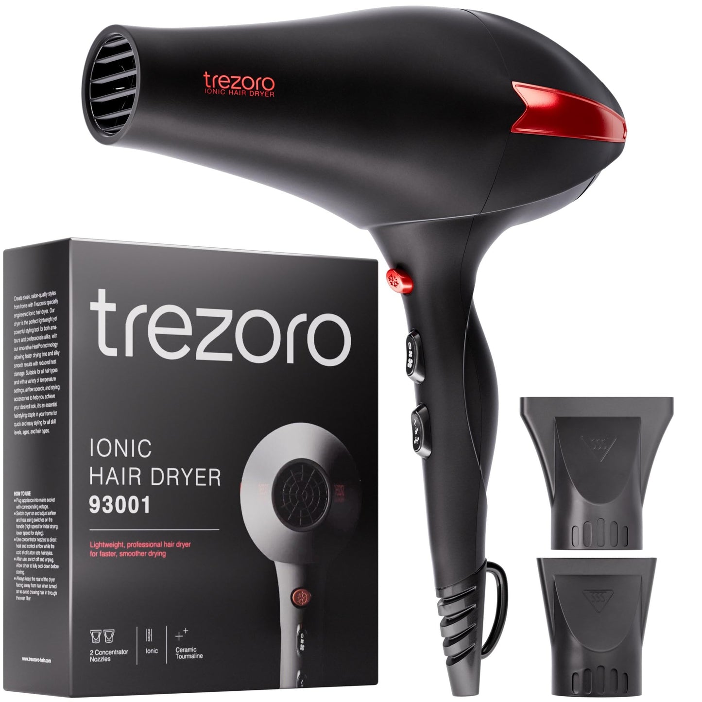 TREZORO Professional Ionic Hair Dryer for Salon - 2200W Powerful Blow Dryer - Lightweight Travel for Normal & Curly Hair Includes Volume Styling Nozzle