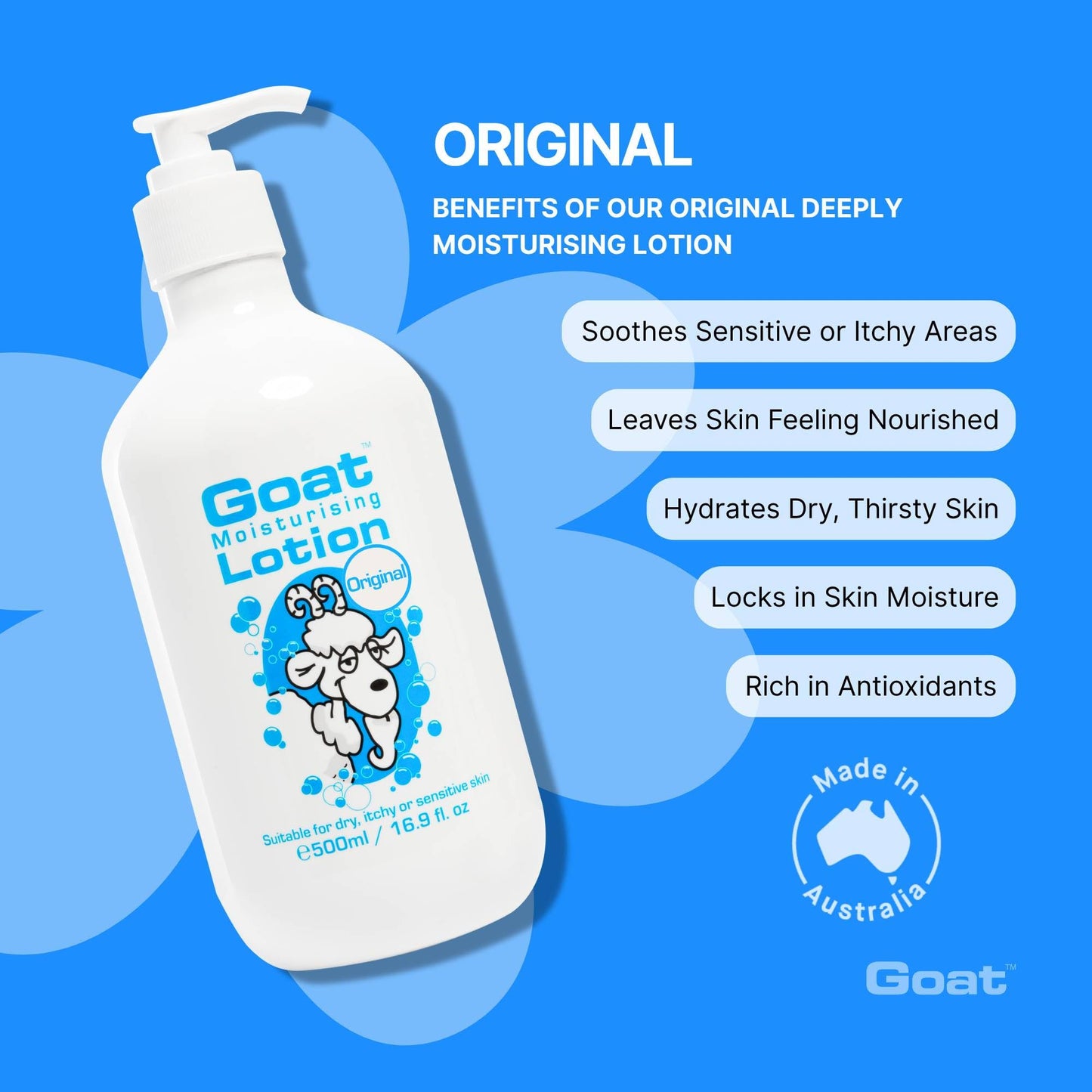 Goat Milk Lotion - Moisturizing - Non Greasy - 17 oz Enriched Milk, Suitable for Dry, Itchy or Sensitive Skin - Made in Australia - Original