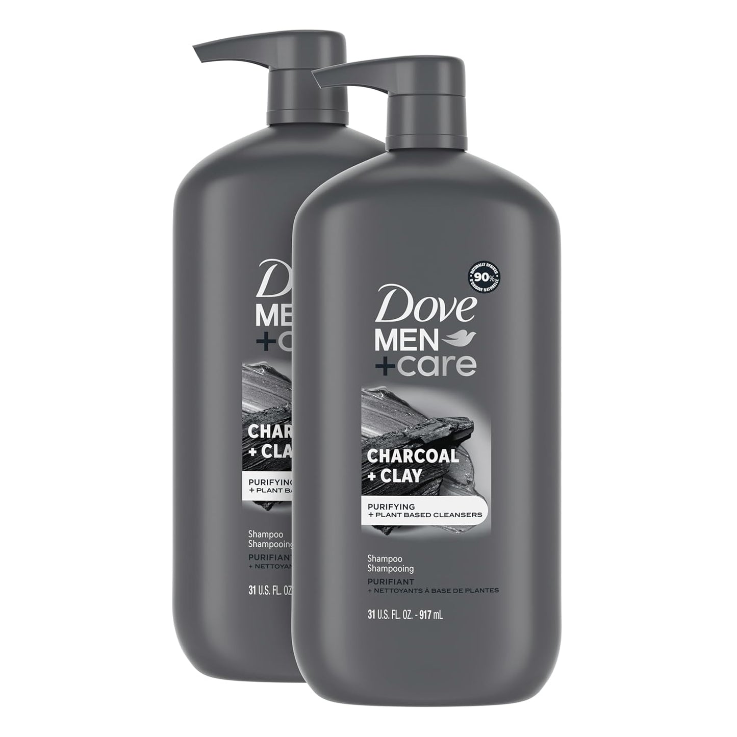 Dove Men+Care Charcoal & Clay Shampoo 2-Pack - Strengthening Plant-Based Cleanser, 31 oz