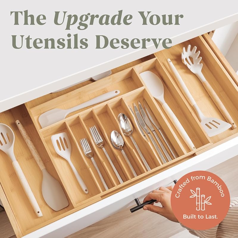 Adjustable Bamboo Silverware Drawer Organizer, 18.5"-33" Wide - KitchenEdge Natural