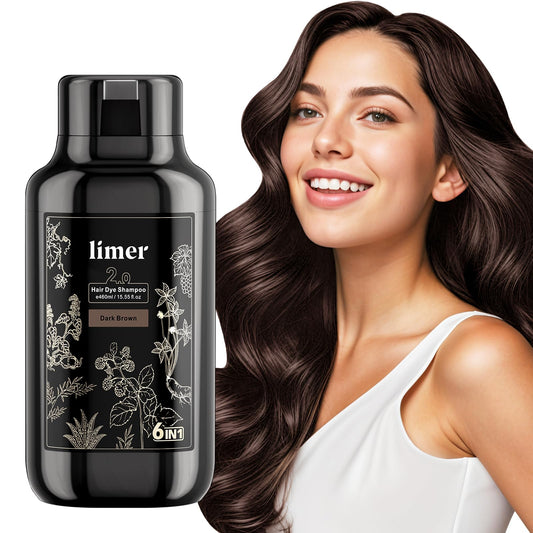 Limer Hair Dye Shampoo, Dark Brown 6-in-1 Natural Herbal Hair Color Shampoo, Semi-Permanent Gray Coverage with Pleasant Scent, Ammonia-Free Formula for Women & Men (460ml/15.55fl oz)