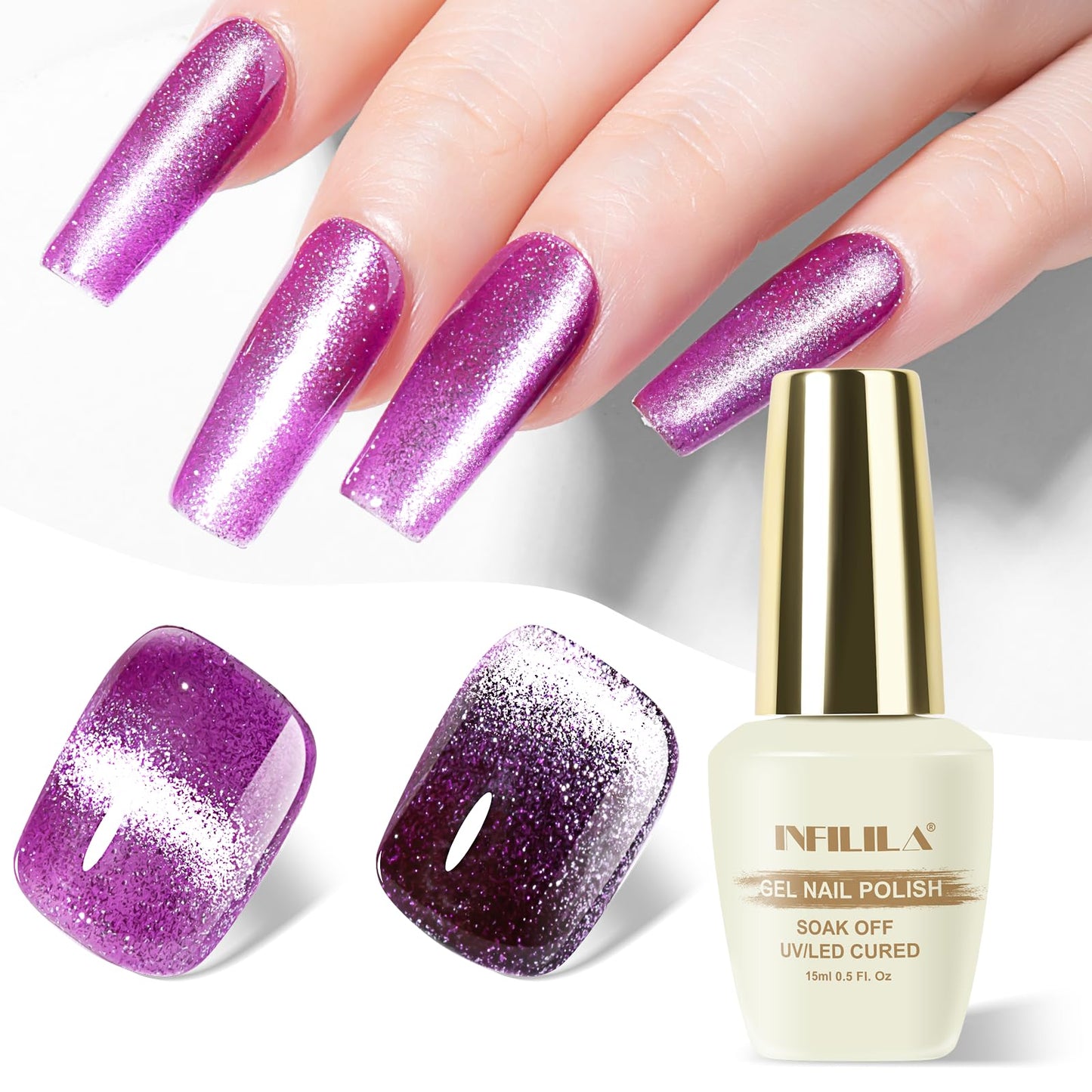 NXJ INFILILA Cat Eye Gel Nail Polish, 0.5 oz Magnetic Gel Nail Polish, Purple Glitter Holographic, Soak Off Salon Gel for Home Use (G06)