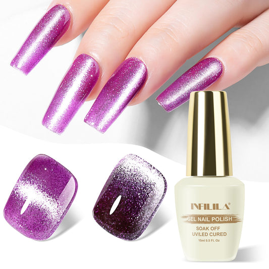 NXJ INFILILA Cat Eye Gel Nail Polish, 0.5 oz Magnetic Gel Nail Polish, Purple Glitter Holographic, Soak Off Salon Gel for Home Use (G06)