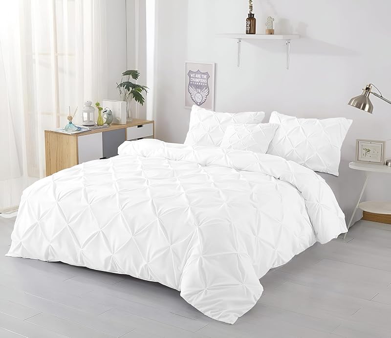 Queen/Full 3-Piece Pinch Pleated Duvet Cover Set - 100% Egyptian Cotton 600TC in White (No Comforter) - Zipper Closure & 7 Internal Ties