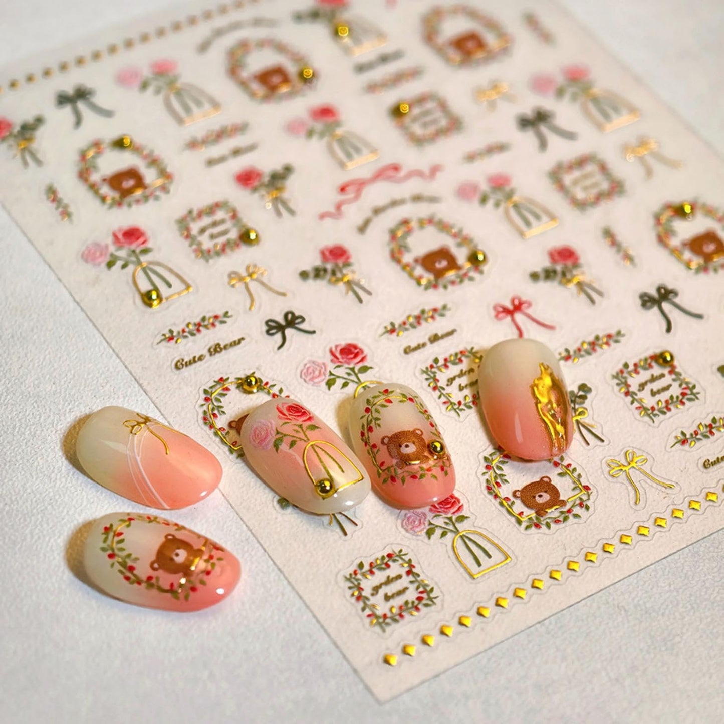 Gold Nail Art Stickers Decals Bear Flower Nail Stickers for Nails Art 5D Embossed Nail Decals Self Adhesive Manicure Supply Charms for Women Girls Kid Nails DIY Decoration