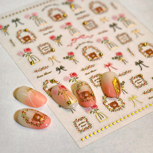 Gold Nail Art Stickers Decals Bear Flower Nail Stickers for Nails Art 5D Embossed Nail Decals Self Adhesive Manicure Supply Charms for Women Girls Kid Nails DIY Decoration