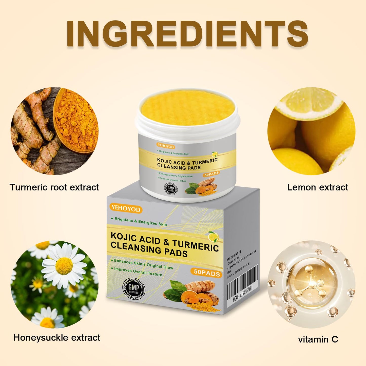 Turmeric Cleansing Pads,Kojic Acid Pads The Body's Skin, Helps Balance Skin Oil and Water 50 PCS LXQ