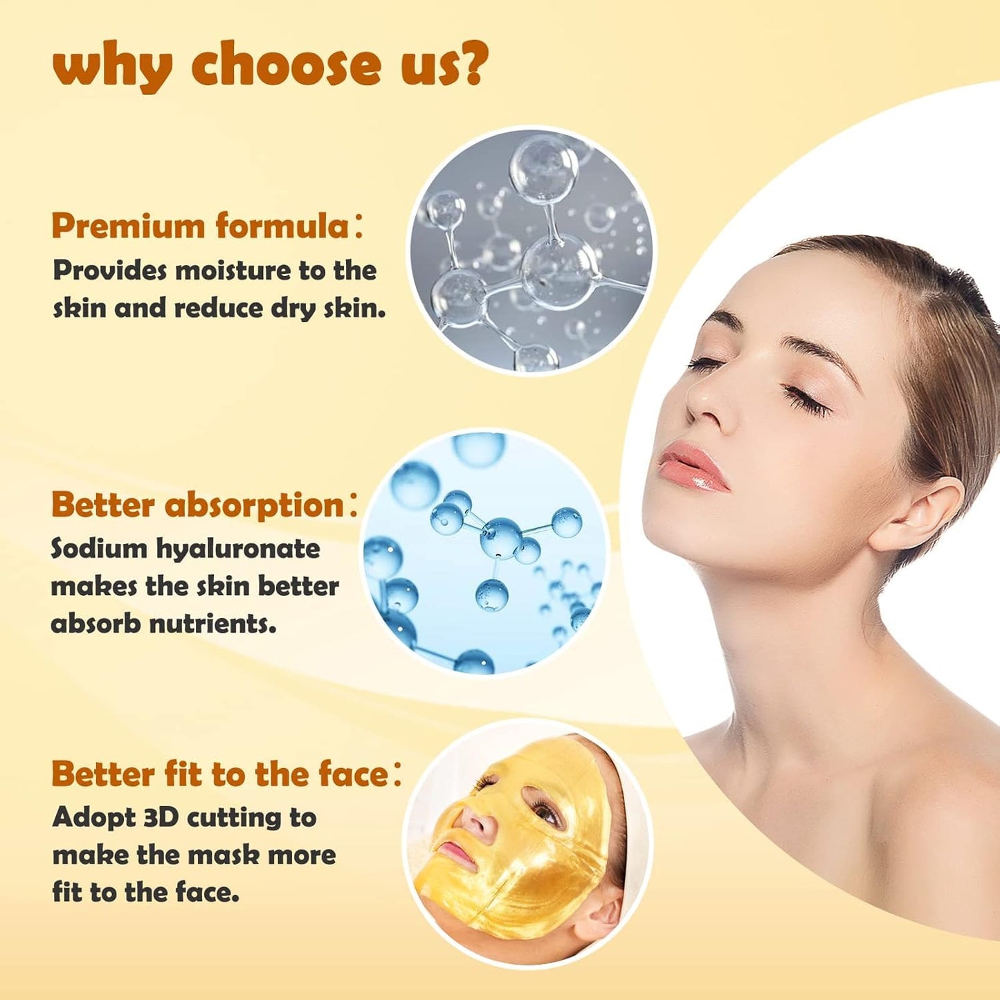 Permotary 12 PCS 24k Gold Crystal Gel Collagen Facial Masks, Deep Moisturizing Facial Sheet for Women Skin Care Revitalize Skin