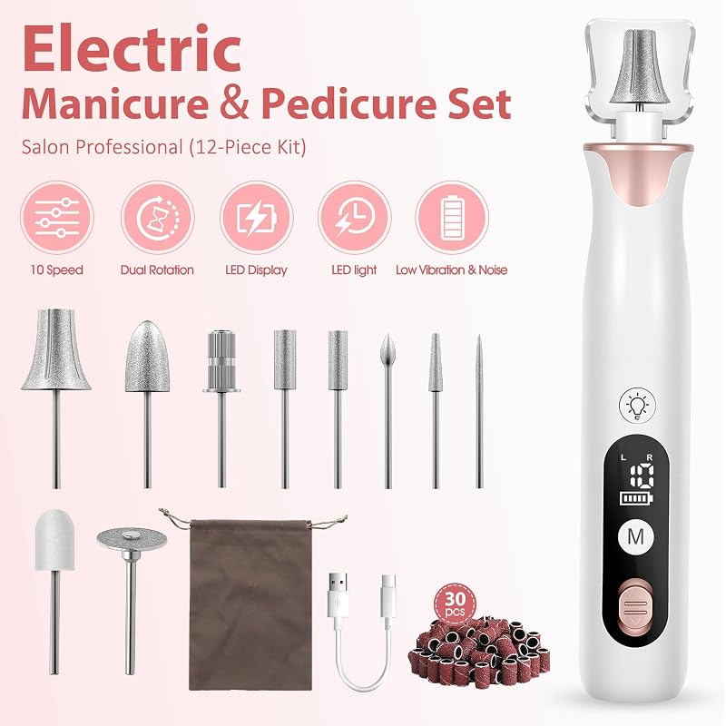 Cordless Electric Nail Drill with 10 Attachments - Manicure & Pedicure Kit, USB-C Rechargeable