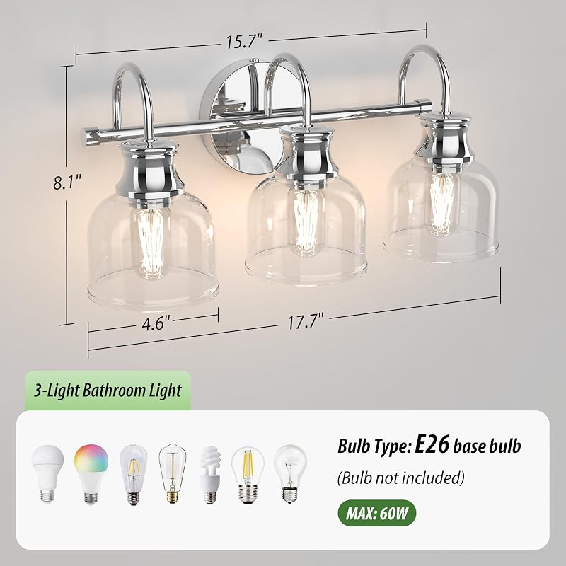 Chrome 3-Light Vanity Light Fixtures - Traditional Clear Glass with Black Backplate | Variation: Chrome+3Lights