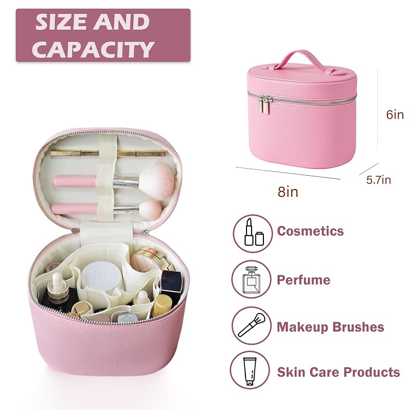 Large PU Leather Makeup Case with Removable Washable Dividers - Pink