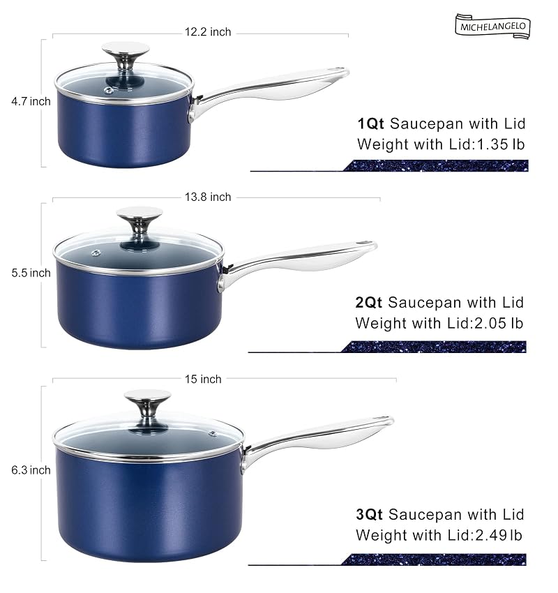 Ceramic Nonstick Sauce Pan Set 1 Qt + 2 Qt + 3 Qt with Lids - Blue