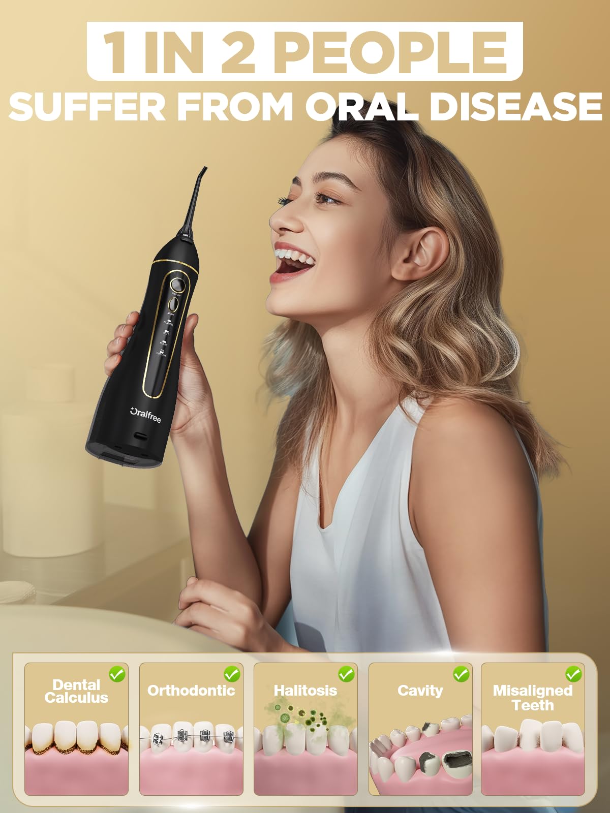 Oralfree Water Flosser Teeth Pick - Dental Cordless Portable Floss Picks Rechargeable Travel Pik Irrigation Cleaner IPX7 Waterproof Oral Irrigator Electric Flossing Machine for Home Teeth Cleaning