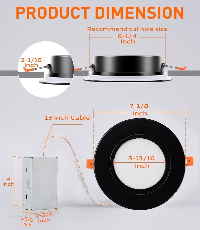 [5CCT] CLOUDY BAY 6" Recessed LED Downlight with Night Light, 12W 850LM 2700K-5000K, Black, Swivel Angled Canless