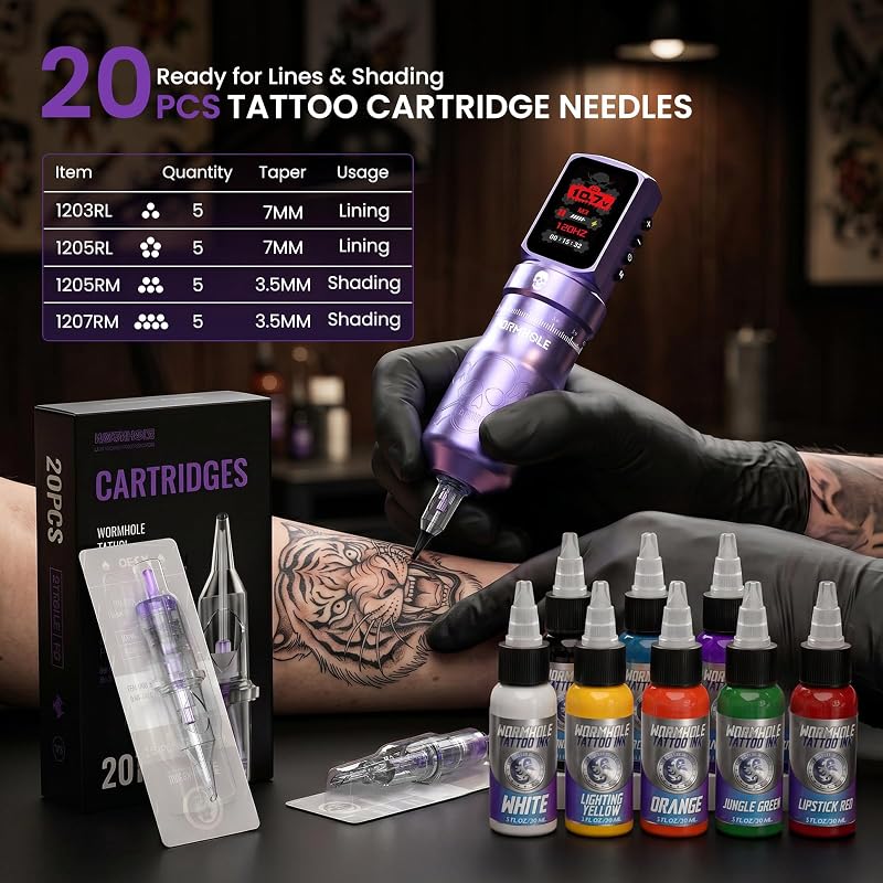 Wormhole Wireless Tattoo Gun Kit with Skull Pattern - Lining & Shading, Two Purple (WTK0295) - 7 Stroke Adjustable