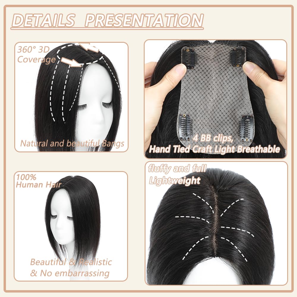 HVVZOY Hair Toppers for Women Real Human Hair， 360°3D Big Basement Cover Topper for Women with Thinning Crown with Side Clip in Bangs Realistic Scalp (1B, Side 14INCH)