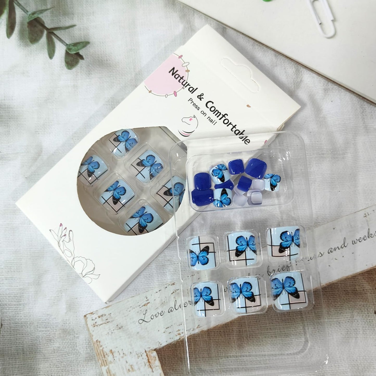 Dark Blue Press on Toenails Short Square Fake Toe Nails Blue Butterfly False Toenails Acrylic Toe Nail Press ons Gel Glue on Toe Nails Summer Toenail Press on Nails for Coquette Women 24Pcs