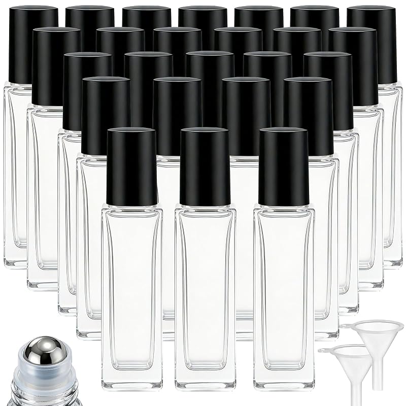 Black 25 Pcs 10 ml Square Glass Roller Bottles for Essential Oils with Funnels