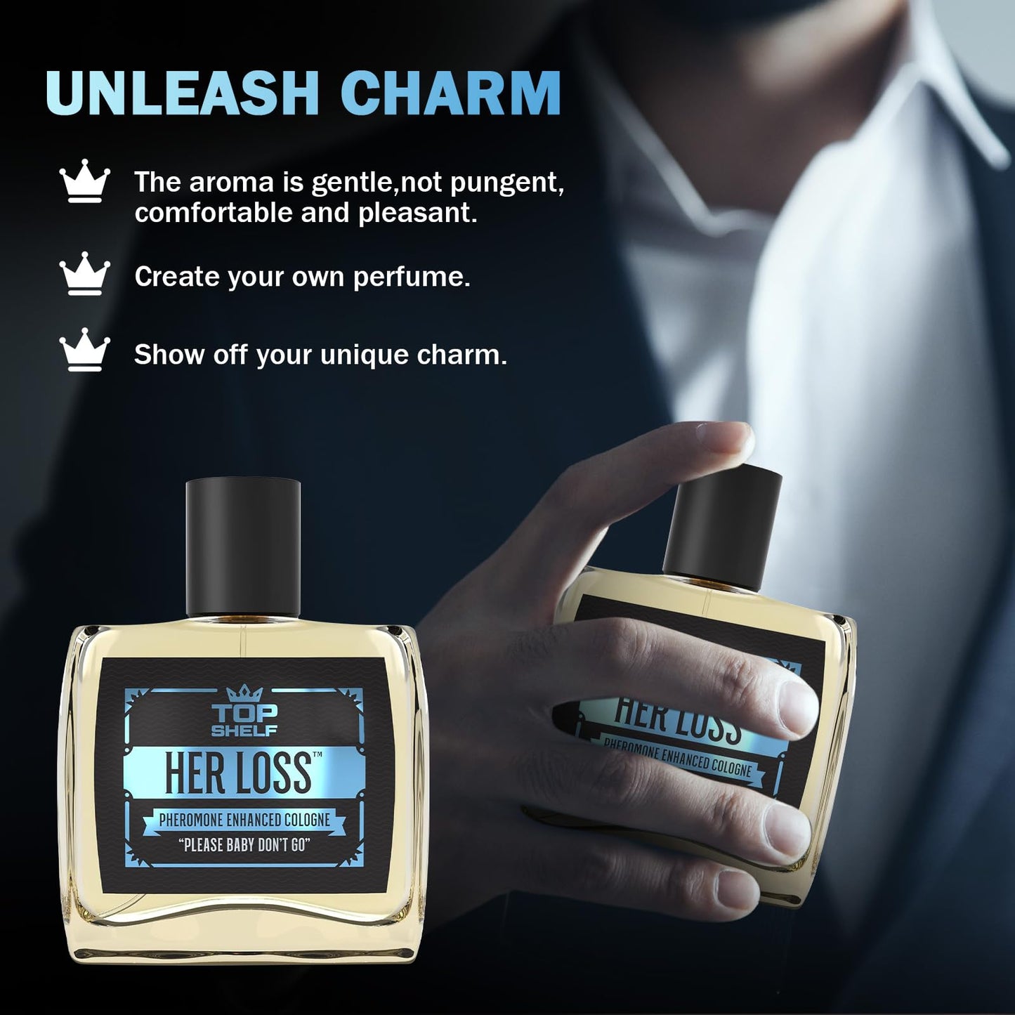 Top Shelf Her Loss Cologne for Men (Pheromone Enhanced) - 1.7 Fl Oz Long Lasting Perfume Her Loss Para Hombre, Natural Herbal Scent-Awaken Raw Instinct, Her Loss Pheromone Cologne for Men Attract Her