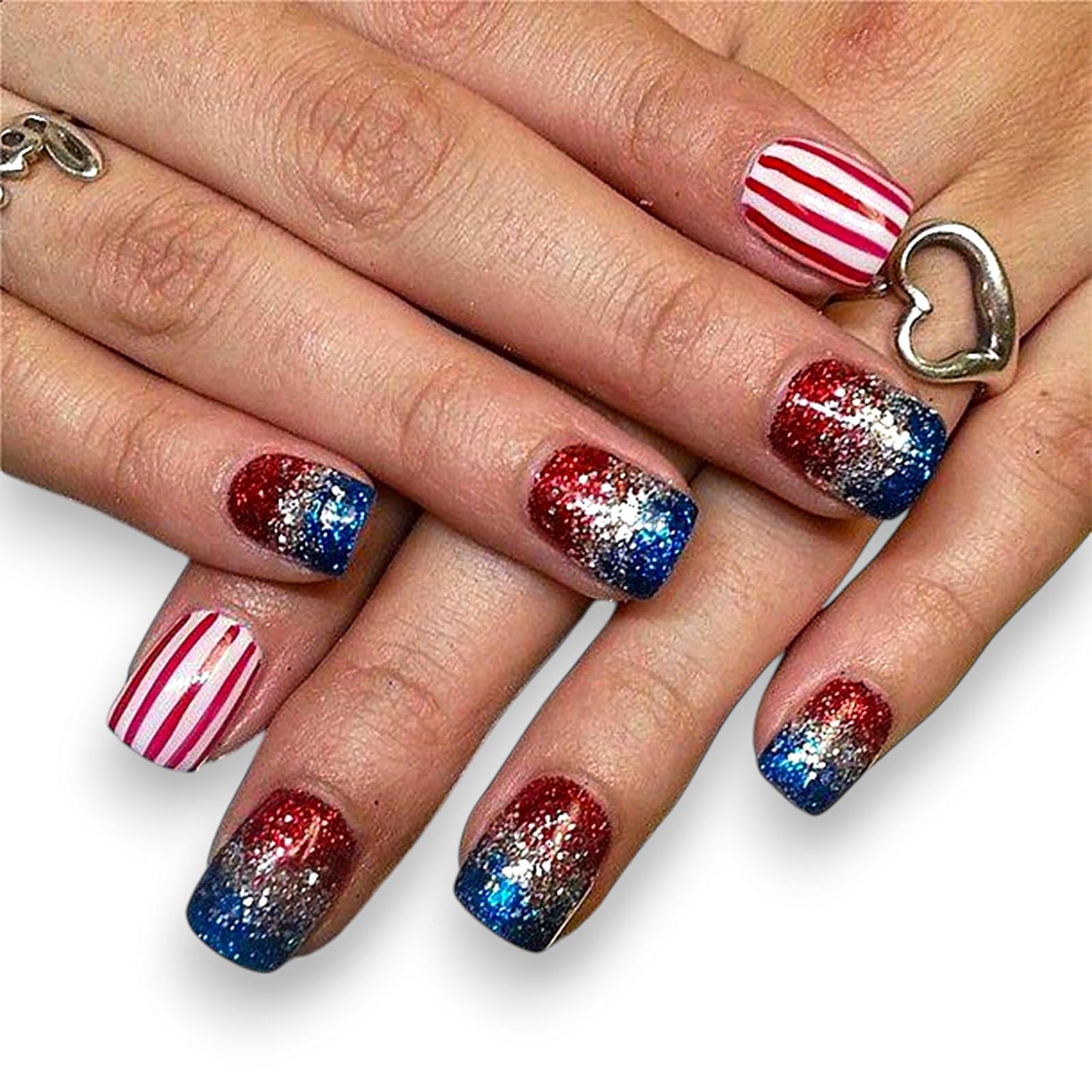 KTAABTR Independence Day Press on Nails Short Square Fake Nails Glue on Nails Full Cover Red Blue Glitter Glossy Acrylic Nails Design Reusable Red White Stripes 4th of July False Nails for Women
