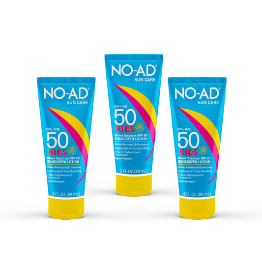NO-AD KIDS SPF 50 Sunscreen Lotion | Non-Greasy and Waterproof Sunscreen | Suitable for All Skin Types | Broad Spectrum Protection for Active Lifestyles | 3 oz | Pack of 3