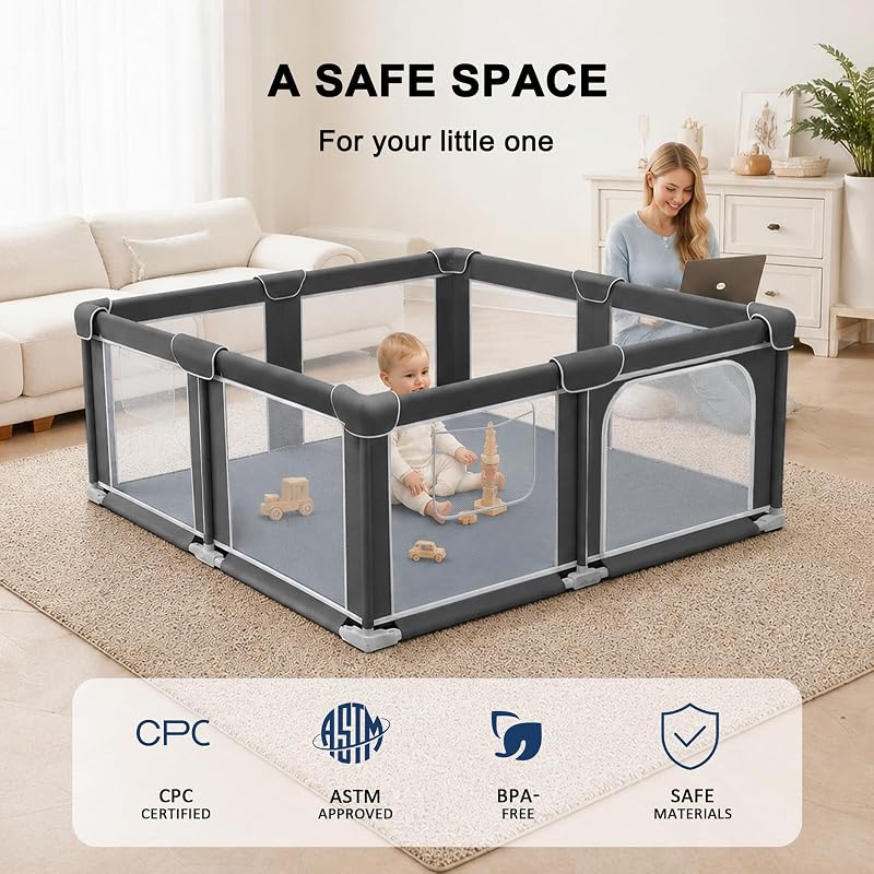 Foldable Baby Playpen 50x50in with Mesh Walls, Portable Play Yard & Foldable Mat - Grey (G TALECO GEAR)