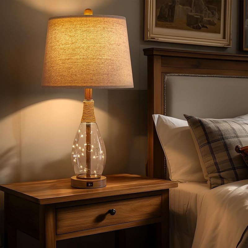 2 in 1 Bedside Table Lamps Set of 2 — Farmhouse Glass Lamp with Wood-Like Base, USB-A/C, Teardrop Glass