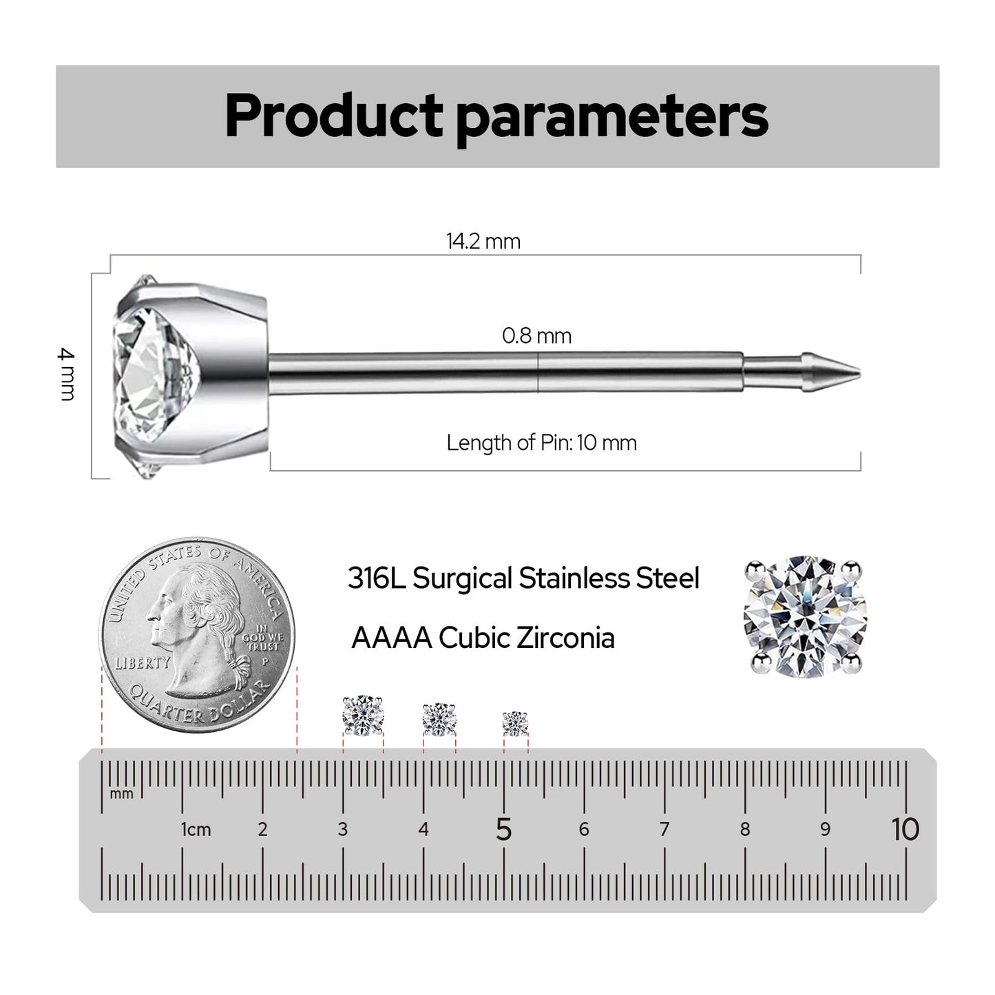 SugarTang Ear Piercing Kit | Disposable Ear Piercing Gun Kit Made in 316L Surgical Stainless Steel 4mm - 4prong Cubic Zirconia | At Home Self Piercing Kit with Earrings Studs