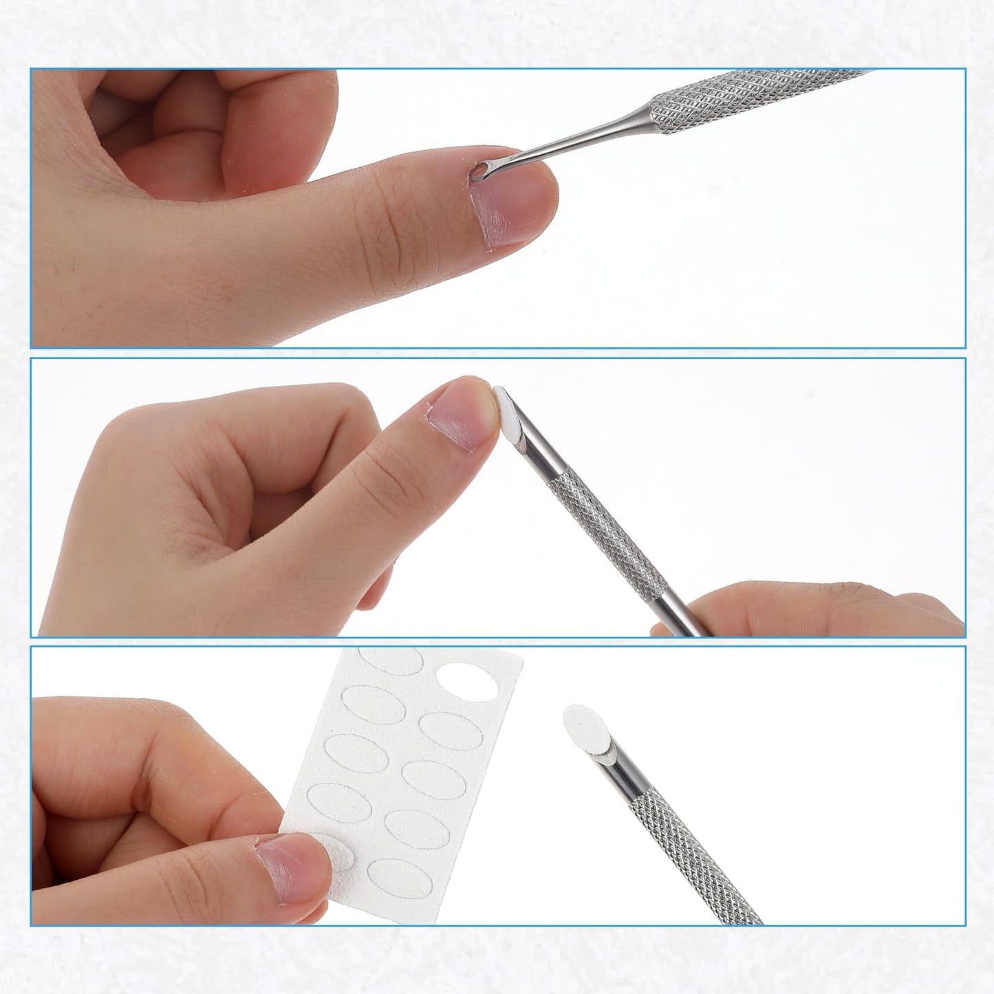 Dual Ended Cuticle Pusher, Round Cuticle Pusher Remover Manicure Tools for Fingernails with 100/180 Self-Adhesive Grit Sandpaper Sheets (Silver)
