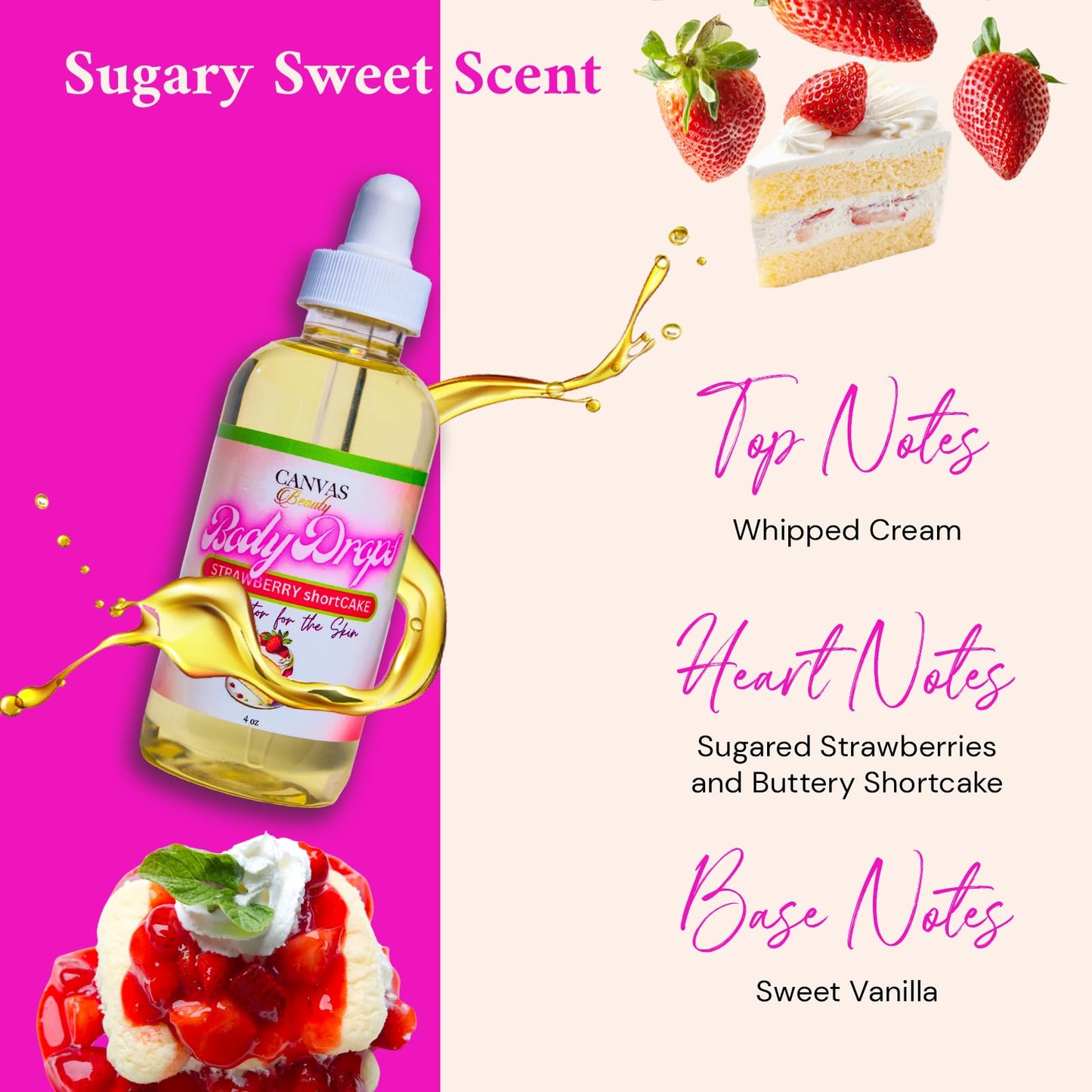 Canvas Beauty Body Drops, Strawberry Short Cake - With Coconut Oil, Jojoba Oil & Vitamin E