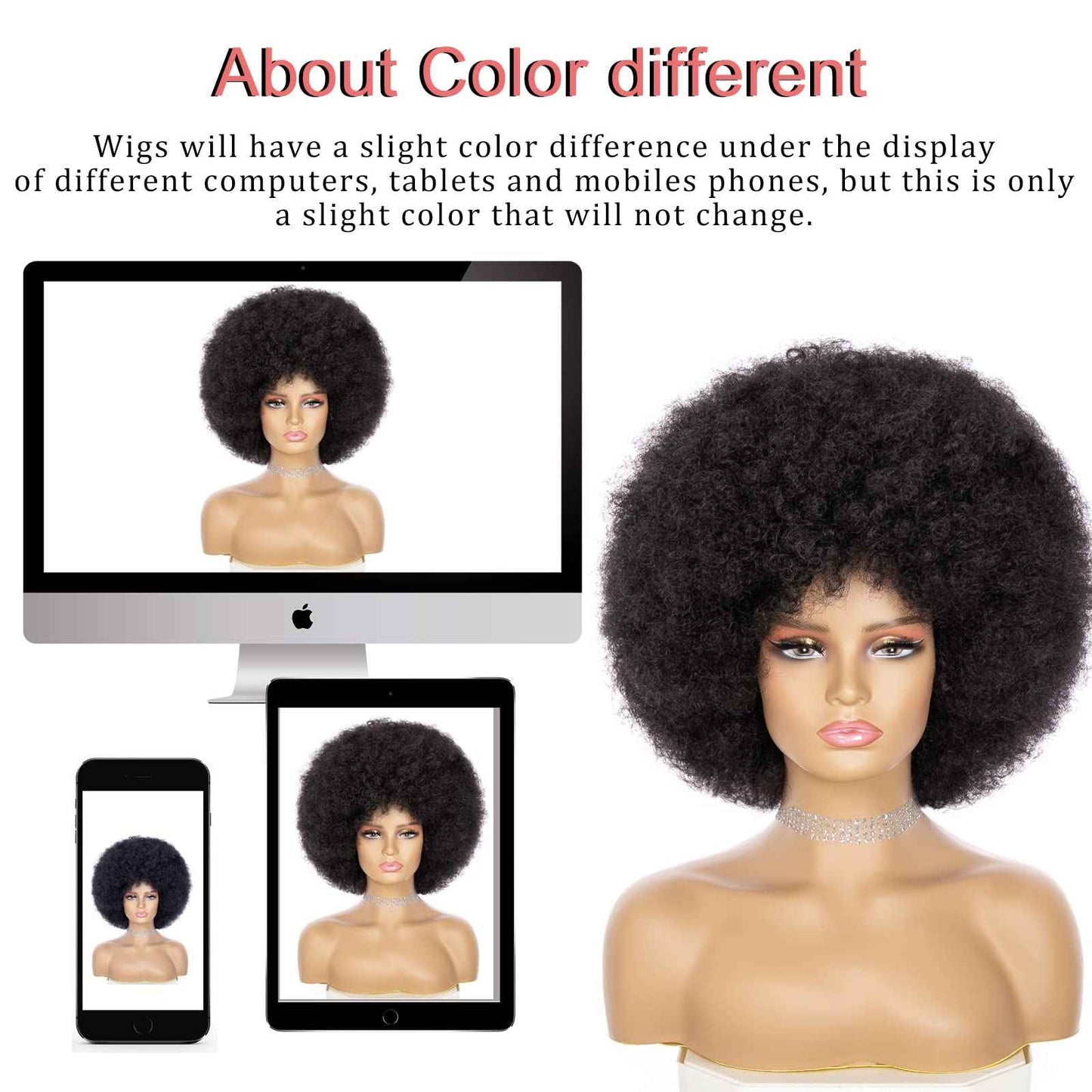 JSDshine Soft Afro Wig 70s For Women Kinky Curly Hair Wigs With Bangs Natural Looking Short Curly Wig For Men Bouncy Black Puff Synthetic Hair Wig For Daily Party Use