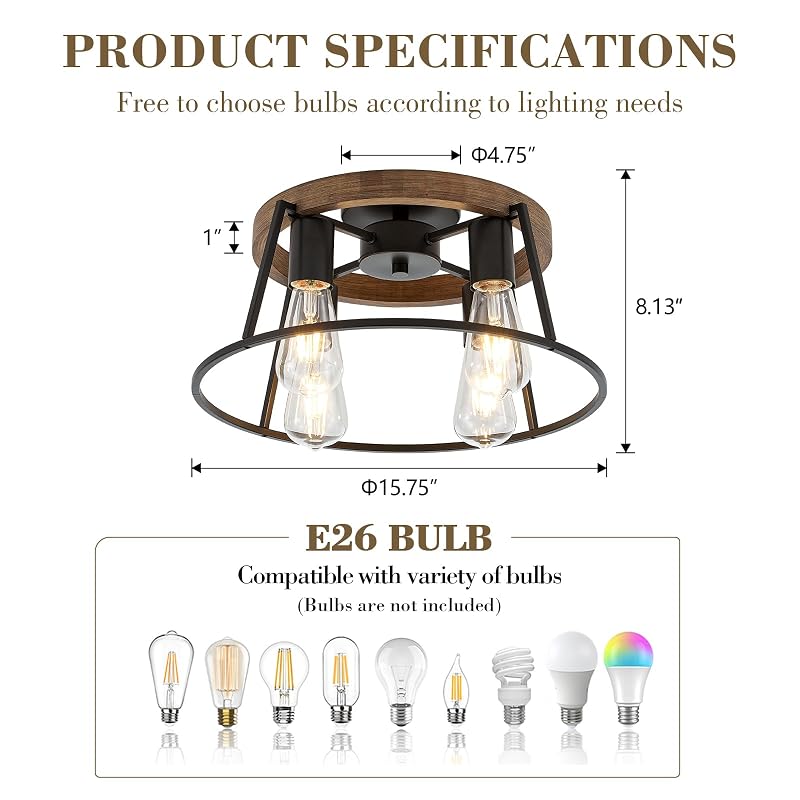 Farmhouse Wood Semi Flush Mount Ceiling Light Fixture, 4-Light Black Rustic Lamp - Black & Wood Variation