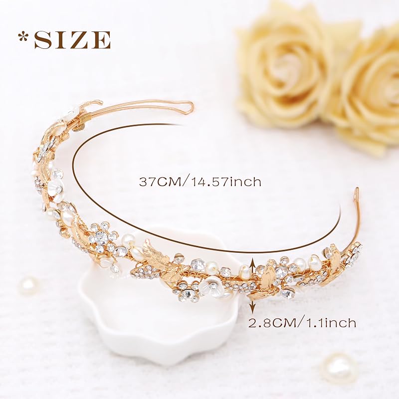 Oriamour Gold Rhinestone Pearl Bridal Headband - 15 Inch Wedding Hair Accessory (Variation: Gold+1 Count)