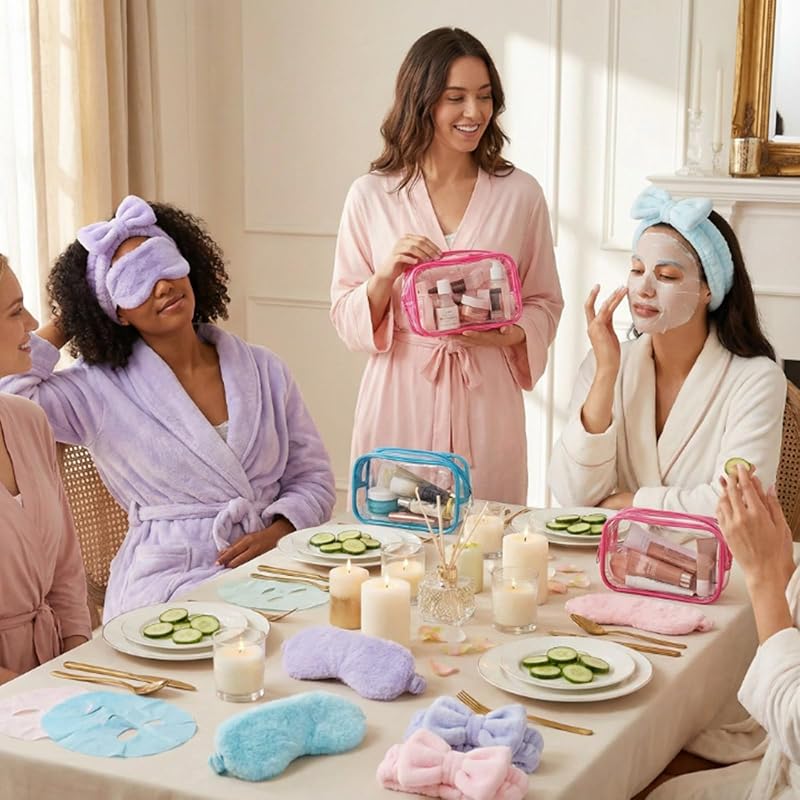 Sleepover Spa Gift Set - 36 Pcs with 12 Headbands 12 Eye Masks 12 Clear Bags (Pink Blue Purple) - Coral Velvet