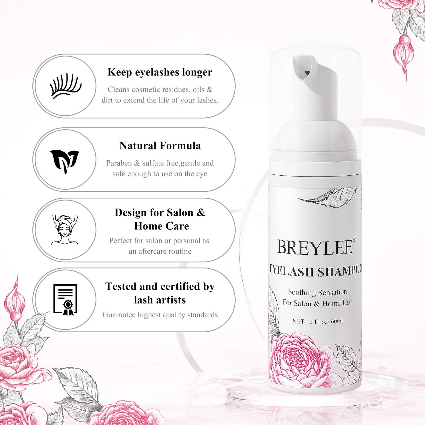 BREYLEE Eyelash Cleanser, Shampoo Foam & Brushes Eyelid Cleanser for Makeup Remover Paraben & Sulfate Free for Salon and Home Use(60ml, 2 fl oz)