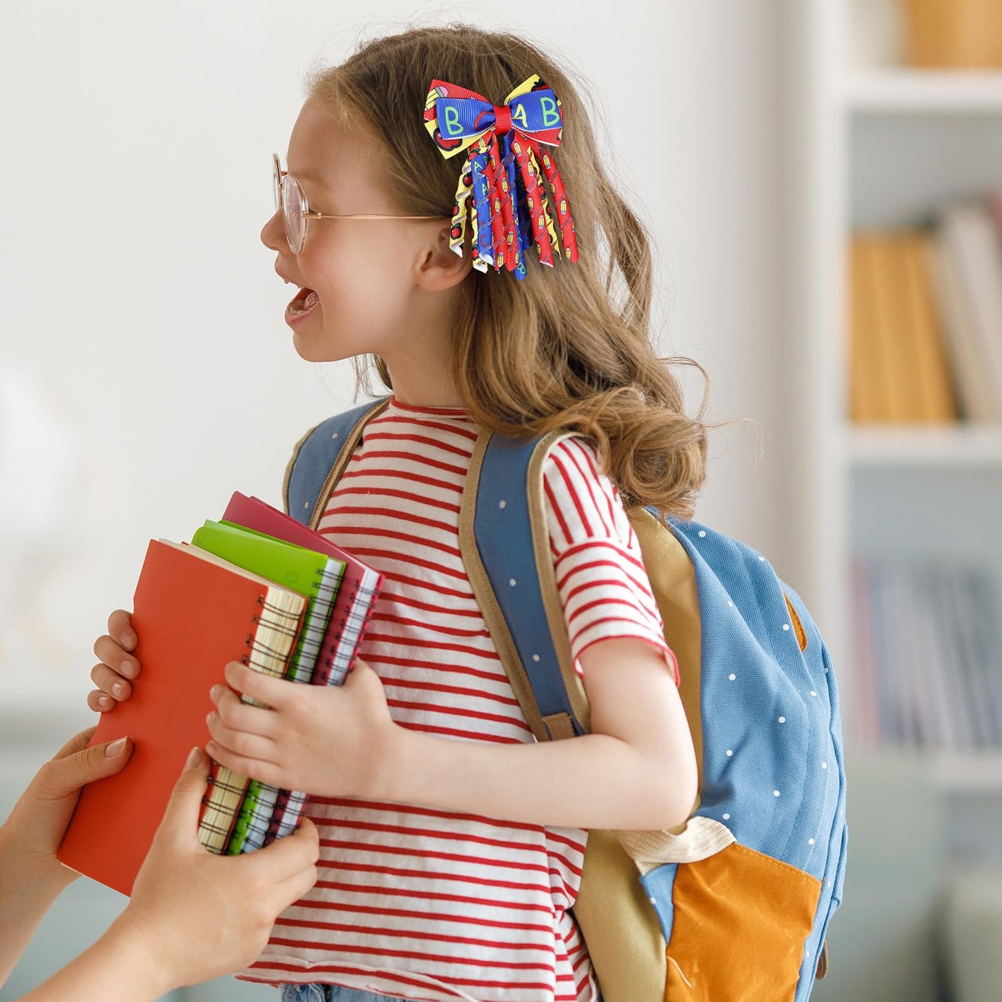 Back to School Hair Bow Clips 3 Inch Handmade Curly Ribbon Hairpins Boutique Lovely School Hair Accessories for Kids Girls, Red&Blue&Yellow