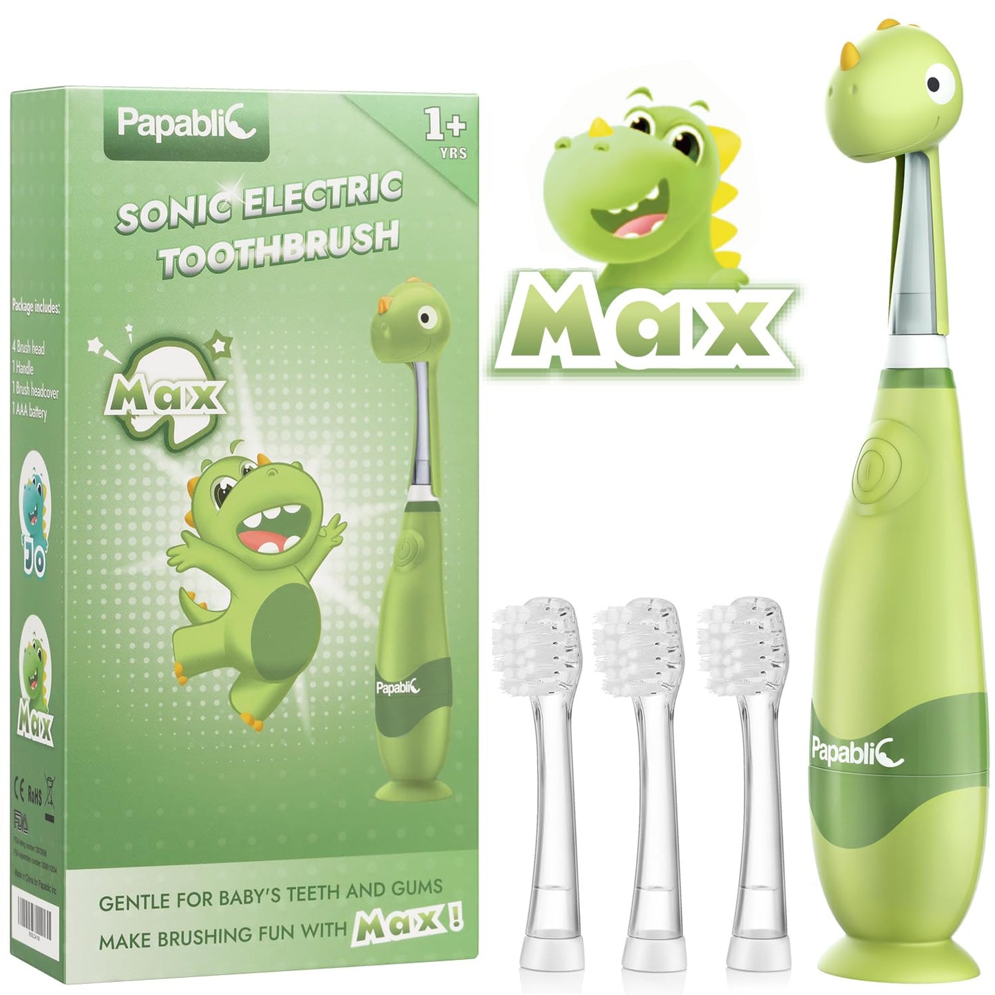 Papablic Toddler Sonic Electric Toothbrush Kids for Ages 1-3 Years, Baby Electric Toothbrush with Cute Dino Cover and Smart LED Timer, 4 Brush Heads (Max)