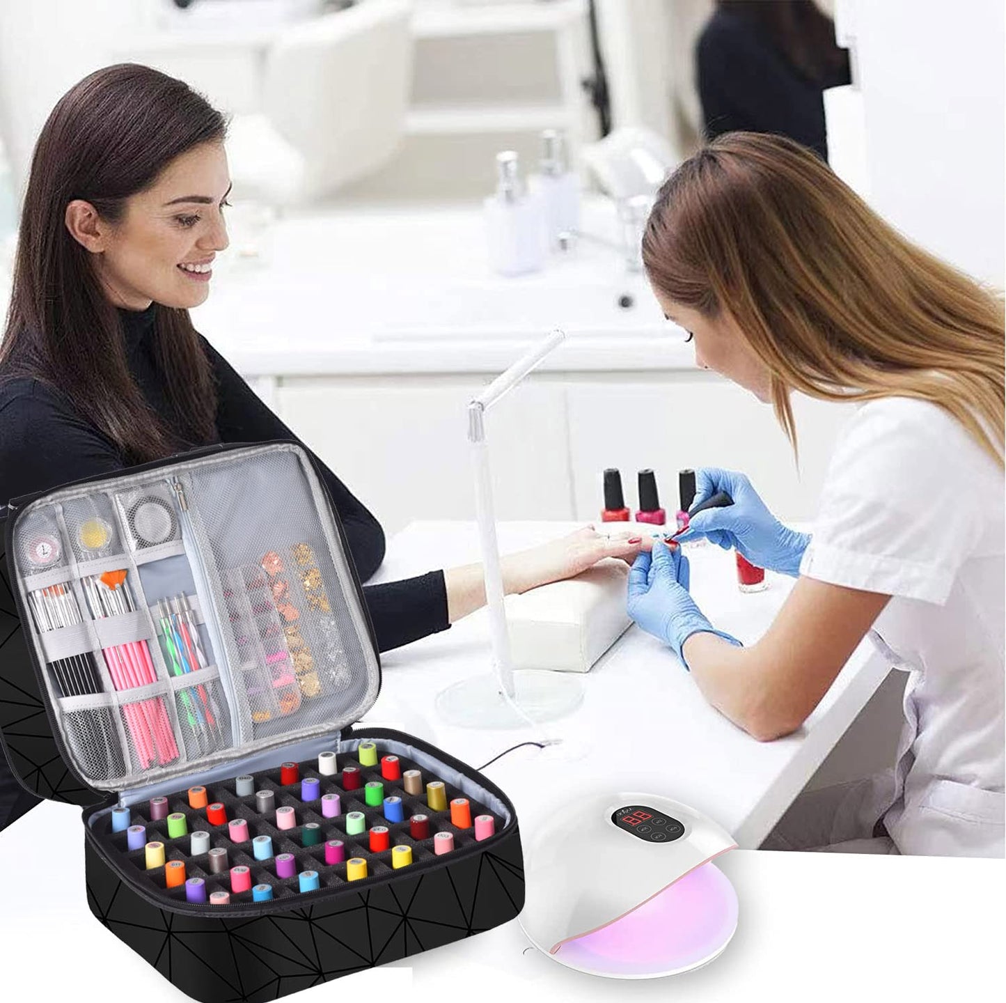 Nail Polish Organizer Bag with Travel Case for 30+ Bottles & Nail Lamp - Purple