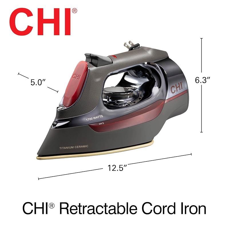 CHI 1700W Steam Iron for Clothes with Titanium-Infused Ceramic Soleplate - Retractable Cord, Black & Titanium