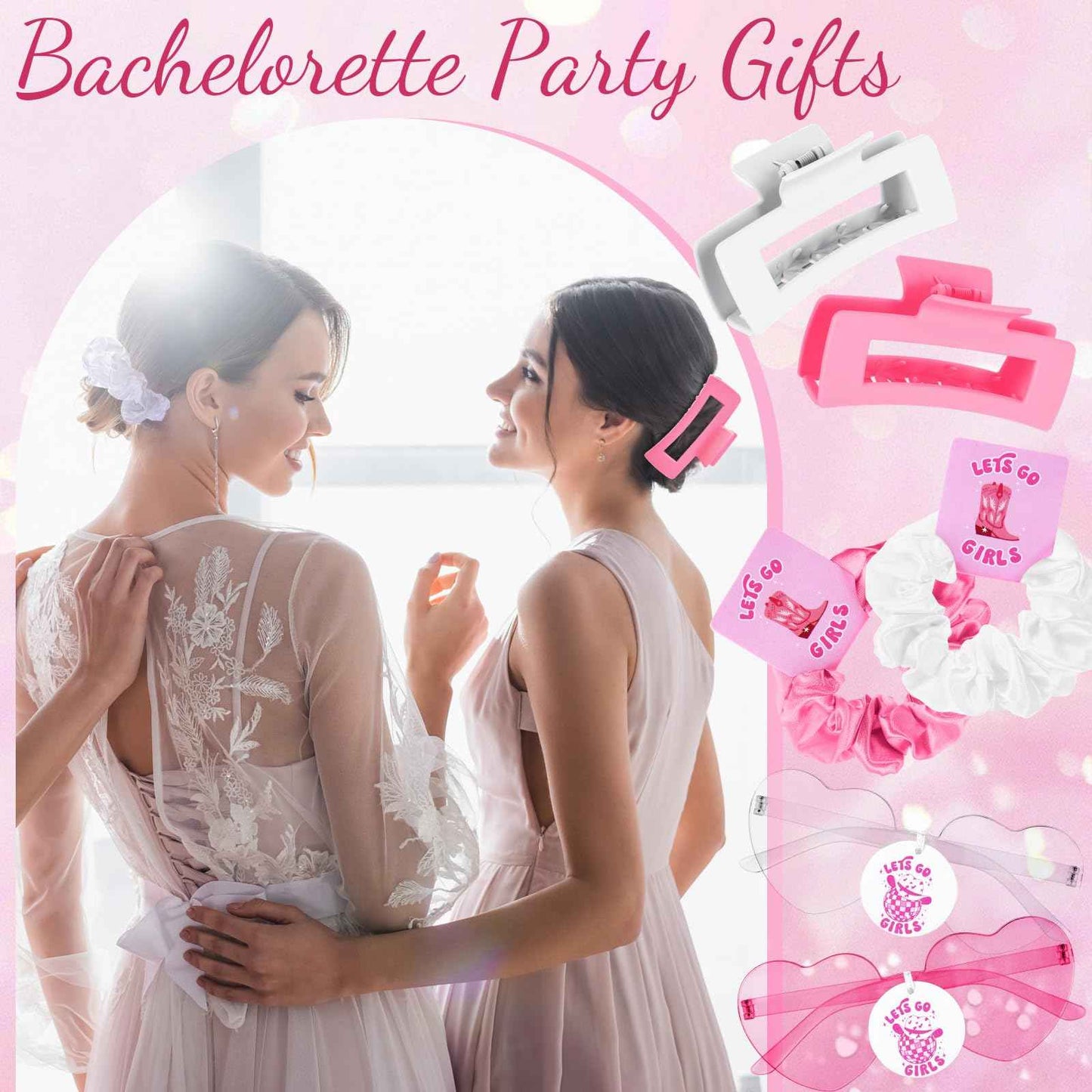 Hoteam 24 Pcs Let's Go Girls Cowgirl Bachelorette Party Favors Decorations Include Satin Scrunchies Heart Sunglasses Hair Claw Clips for Wedding Bridal Shower Party(Pink)