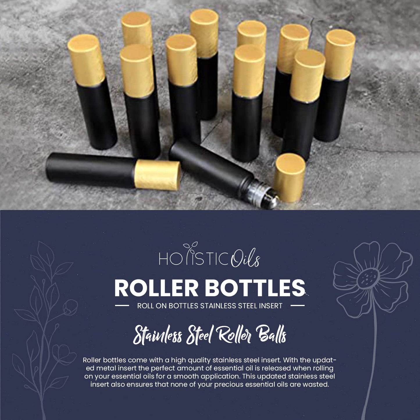12-Pack 10ml Black Glass Roller Bottles with Brushed Gold Leakproof Caps – Premium Empty Roll-On Bottles for Essential Oils, Perfumes, Serums, DIY Aromatherapy & Beauty Products