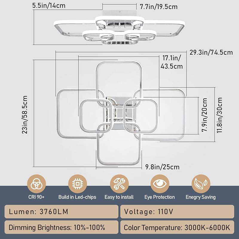 Sovinzert 31.5-Inch Modern LED Ceiling Light, 6-Square Dimmable with Remote, 3000K-6000K, Chrome Close-To-Ceiling Flush Mount, 60W - Chrome+6Rings