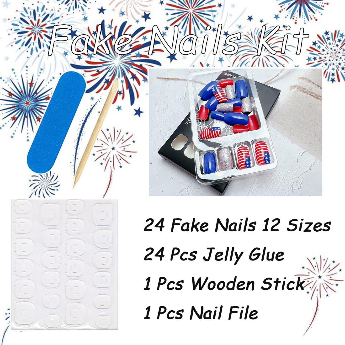 24pcs 4th of July Press on Nails Short Square American Flag Fake Nails with Designs Red Blue False Nails Silver Glitter Glue on Nails Independence Day Patriotic Full Cover Stick on Nails for Women