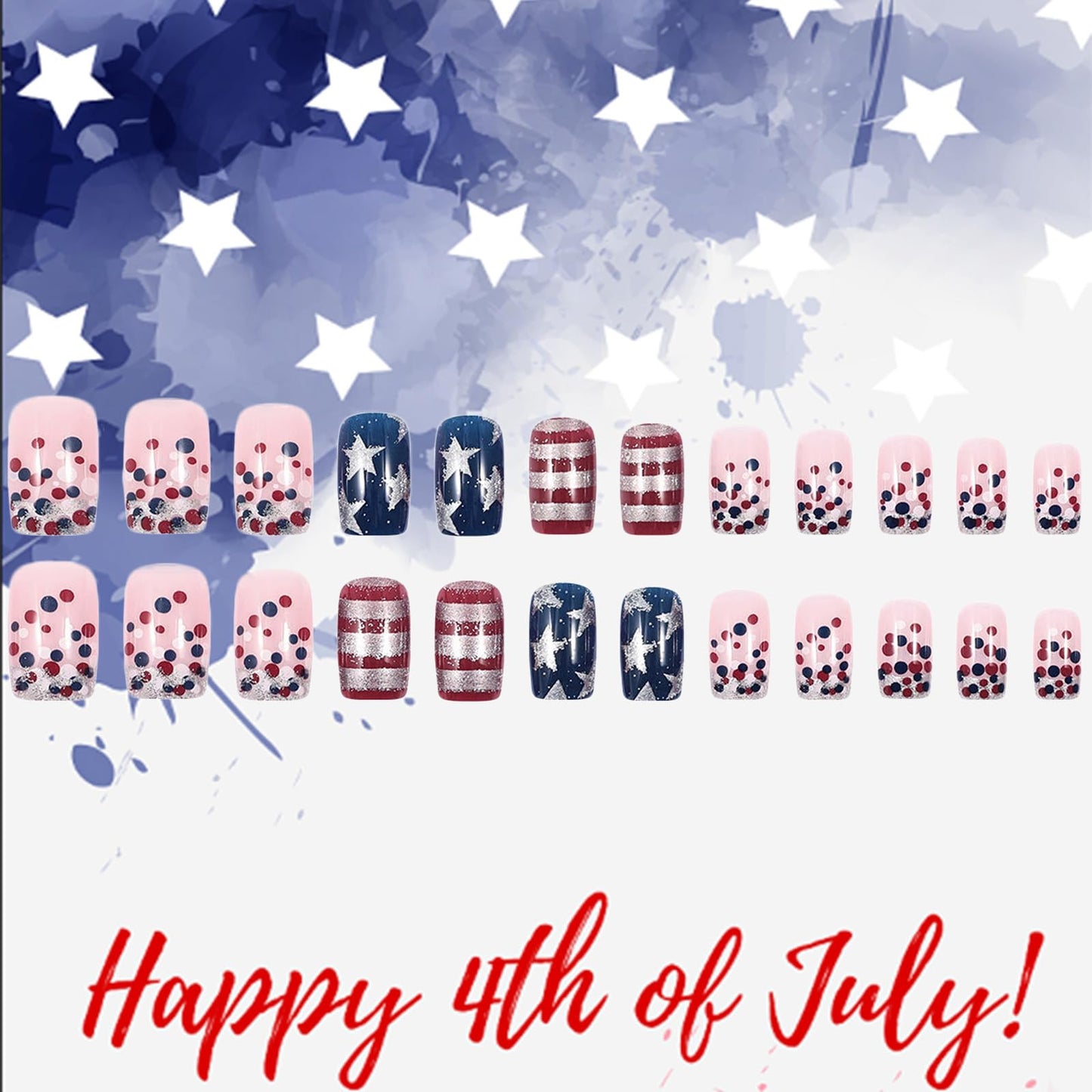 Independence Day Press on Nails Medium Square Fake Nails with Silver Glitter Star Stripe Designs Patriotic False Nails 4th of July Acrylic Nails Red Blue Polka Dots Stick on Nails for Women